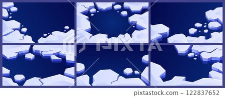Ice floes frames. Cold banner template with frozen arctic water and cracked floe borders. Fracturing ice with free text space, winter vector backgrounds set Ice floes frames. Cold banner template with frozen arctic water and cracked floe borders. Fracturing ice with free text space, winter vector backgrounds set 122837652