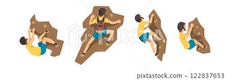 Man Mountain Climbing Rock and Cliff Vector Set 122837653