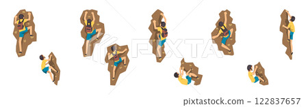 Man Mountain Climbing Rock and Cliff Vector Set 122837657
