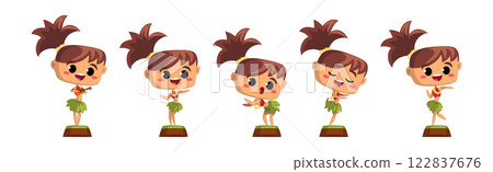 Dancing Hawaiian Girl Character in Skirt and Flower Wreath Vector Set Dancing Hawaiian Girl Character in Skirt and Flower Wreath Vector Set 122837676