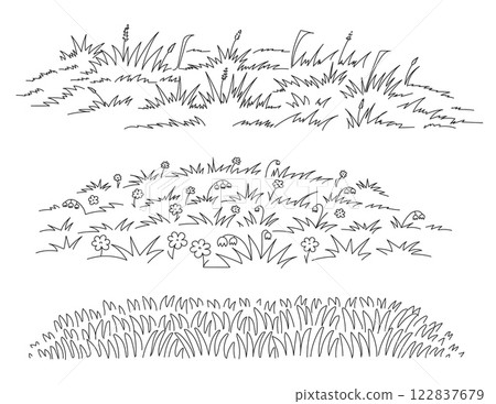 Sketch meadow grass. Line art spring field with natural wild grasses tufts and blooming wildflowers, simple hand drawn lawn grass decorative vector illustration set 122837679