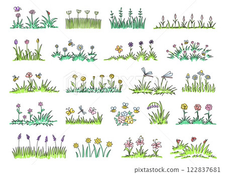 Hand drawn spring grass tufts. Colorful garden doodles of grass patches with blooming field flowers and flying insects. Meadow greenery isolated vector set 122837681