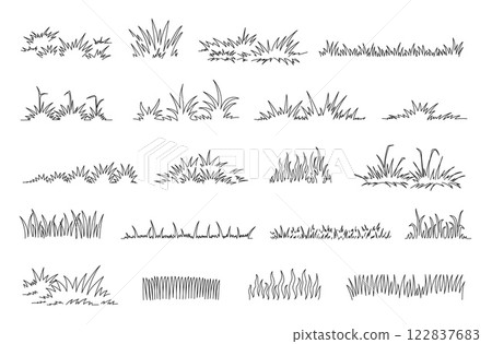 Linear grass doodle. Hand drawn lawn tufts, sketch greenery lines and natural fresh meadow decorative borders. Garden grass patches isolated vector set Linear grass doodle. Hand drawn lawn tufts, sketch greenery lines and natural fresh meadow decorative borders. Garden grass patches isolated vector set 122837683