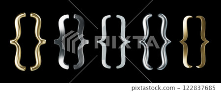 Metallic brackets. Golden curly braces, shiny silver and chrome metal bracket pairs for quotation frame banners and quote box designs. Realistic 3D decorative typography elements isolated vector set 122837685