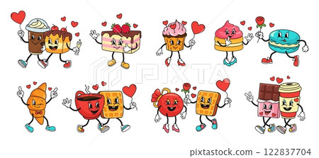 Valentines day dessert characters. Cute retro mascots for romantic cake, macaroon, love croissant and cupcake with hearts. isolated vector illustration set Valentines day dessert characters. Cute retro mascots for romantic cake, macaroon, love croissant and cupcake with hearts. isolated vector illustration set 122837704