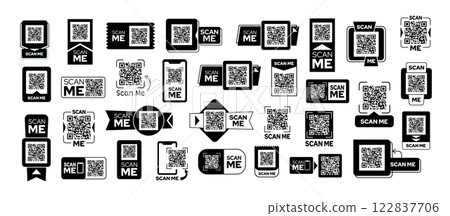 Scan me sticker frames. QR code labels, banners and badges templates for marketing and promotional materials. Scannable code tags isolated vector set Scan me sticker frames. QR code labels, banners and badges templates for marketing and promotional materials. Scannable code tags isolated vector set 122837706