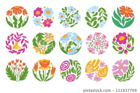 Abstract circle flower. Decorative blooming plant circular motifs with textured flowers and hand drawn leaves. Botanical coaster print designs with blooms and greenery vector illustration set 122837709