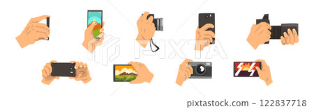 Human Hand with Camera and Smartphone Shooting and Filming Vector Set Human Hand with Camera and Smartphone Shooting and Filming Vector Set 122837718
