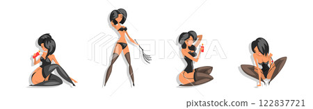 Sexy Woman Character in Black Leather Lingerie Vector Set 122837721