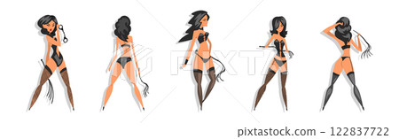 Sexy Woman Character in Black Leather Lingerie Vector Set 122837722