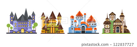 Fairy Medieval Castle with Stone Wall and Tower Vector Set Fairy Medieval Castle with Stone Wall and Tower Vector Set 122837727