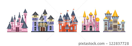 Fairy Medieval Castle with Stone Wall and Tower Vector Set 122837728