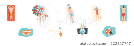 People Character on Seaside and Beach Sunbathing at Summer Vector Set 122837747