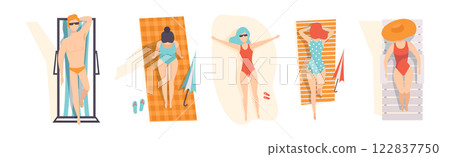 People Character on Seaside and Beach Sunbathing at Summer Vector Set 122837750