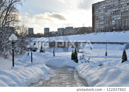 Snowy boulevard in Zelenograd in Moscow, Russia Snowy boulevard in Zelenograd in Moscow, Russia 122837802