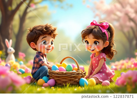 Cheerful easter celebration with kids hunting colorful eggs in blooming garden 122837871