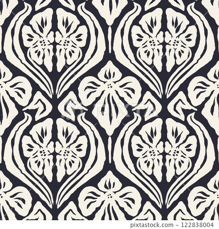 Monochrome black and white brush strokes inky flowers seamless pattern damask style Monochrome black and white brush strokes inky flowers seamless pattern damask style 122838004