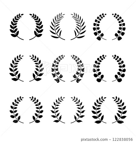 Elegant Laurel Wreaths Collection Black Silhouettes Vector Illustration. Each wreath features unique leaf designs, ranging from smooth and simple to intricate and detailed patterns. Elegant Laurel Wreaths Collection Black Silhouettes Vector Illustration. Each wreath features unique leaf designs, ranging from smooth and simple to intricate and detailed patterns. 122838056