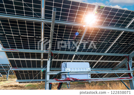 Photo collage of Bilateral solar panels, photovoltaics with sun reflection - alternative source of electricity, concept of sustainable and renewable resources. Panoramic view. Photo collage of Bilateral solar panels, photovoltaics with sun reflection - alternative source of electricity, concept of sustainable and renewable resources. Panoramic view. 122838071
