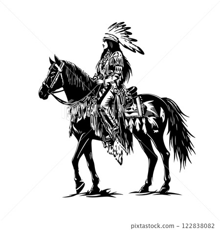 Black and white vector illustration of a Native American warrior in a feathered headdress riding a horse. Perfect for tattoos, logos, and historical designs. 122838082