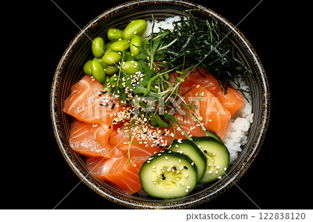 Vibrant poke bowl with fresh ingredients and colorful healthy toppings. A delicious poke bowl featuring fresh salmon, avocado, edamame, and rice. Asian food Vibrant poke bowl with fresh ingredients and colorful healthy toppings. A delicious poke bowl featuring fresh salmon, avocado, edamame, and rice. Asian food 122838120