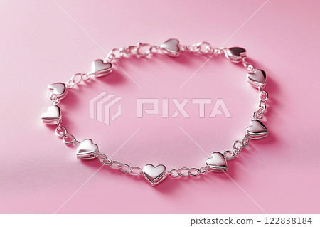 Elegant silver heart bracelet on a soft pink background, romantic design. Delicate heart-shaped bracelet in silver tones, elegance and love symbol on pink. Fashion jewelry, Saint Valentine's Day gift 122838184