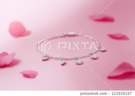 Elegant silver heart bracelet on a soft pink background, romantic design. Delicate heart-shaped bracelet in silver tones, elegance and love symbol on pink. Fashion jewelry, Saint Valentine's Day gift 122838187