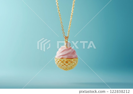 Elegant golden ice cream cone necklace on a light blue background. White gold ice cream cone jewelry pendant. Sweets and fast fashion concept. Rip diet, creative jewelry. Summer vibes, holidays. 122838212