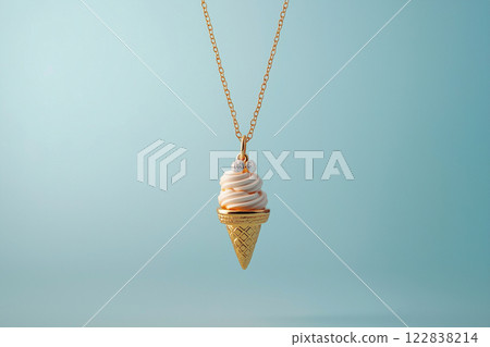 Elegant golden ice cream cone necklace on a light blue background. White gold ice cream cone jewelry pendant. Sweets and fast fashion concept. Rip diet, creative jewelry. Summer vibes, holidays. 122838214