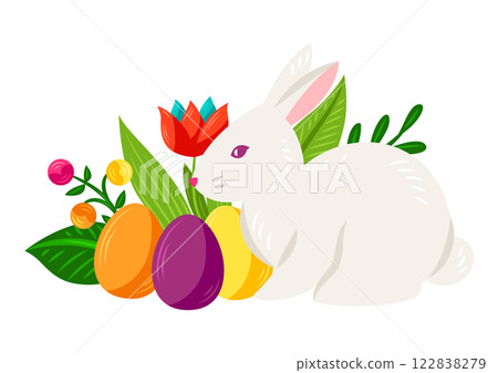 Happy Easter greeting card. Cute bunny, eggs and flowers for celebration. 122838279