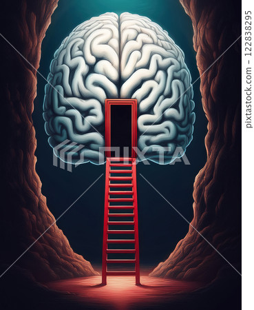 Red ladder leading up to the entrance door inside a brain. Surreal and conceptual background with human mind inside a dark cave and a stairway to conscience Red ladder leading up to the entrance door inside a brain. Surreal and conceptual background with human mind inside a dark cave and a stairway to conscience 122838295
