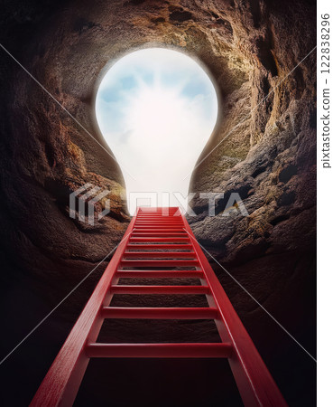 Exit from a dark cave in shape of a lightbulb and a red ladder leading up to escape. Idea as salvation concept with stair to rescue from the darkness. Business inspirational metaphor 122838296