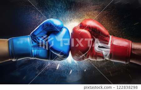 Red vs blue two boxing gloves punch each other creating sparks on a black background. Opposing competitors confrontation, sport power fight or battle advertising concept 122838298