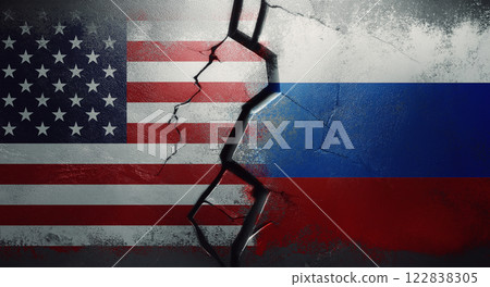 US vs Russia political and economic tension as a cracked wall separates the national flags. Geopolitical competition and trade war disputes between American and Russian states creating global stress 122838305