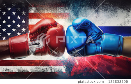 US vs Russia political and economic tension as two boxing gloves punch each other with national flags on background. Geopolitical competition and trade war between Russian and American states 122838306