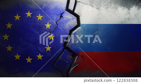 EU vs Russia political, economic and diplomatic tense relations as a cracked wall separates the flags. Geopolitical conflict and sanctions and trade war between European states and Russian Federation EU vs Russia political, economic and diplomatic tense relations as a cracked wall separates the flags. Geopolitical conflict and sanctions and trade war between European states and Russian Federation 122838308