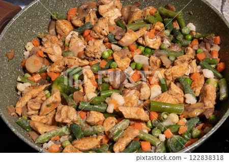 A close-up view of a pan filled with a variety of frozen mixed vegetables, including green beans, peas, carrots, cauliflower, and Brussels sprouts. 122838318