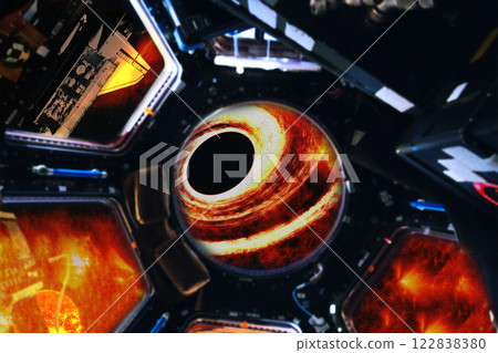 Spacecraft interior with views of space and black hole in front of it. Elements of this 3D rendered illustration were furnished by NASA. 122838380