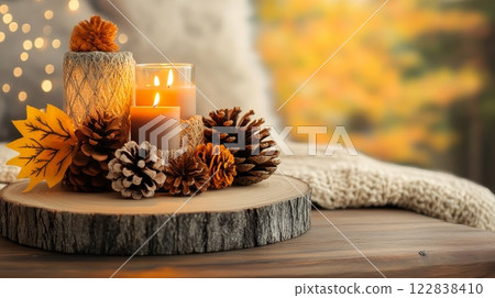 A cozy autumn scene featuring candles, pinecones, and leaves on a wooden base, set against a warm, blurred background of fall colors. 122838410