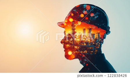 A silhouette of a worker wearing a helmet, overlaid with a colorful industrial landscape, symbolizing the intersection of industry and human labor. A silhouette of a worker wearing a helmet, overlaid with a colorful industrial landscape, symbolizing the intersection of industry and human labor. 122838426