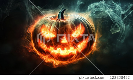 A glowing jack-o'-lantern with a menacing grin surrounded by wisps of smoke, embodying the spirit of Halloween night. 122838432