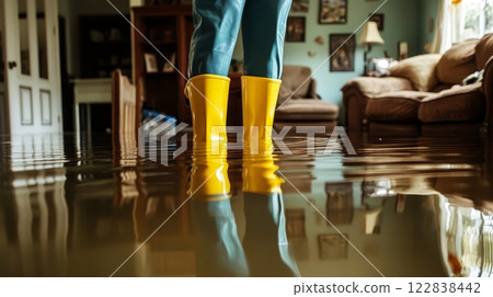 A person stands in yellow rubber boots in a flooded room, surrounded by furniture, highlighting the impact of water damage indoors. A person stands in yellow rubber boots in a flooded room, surrounded by furniture, highlighting the impact of water damage indoors. 122838442