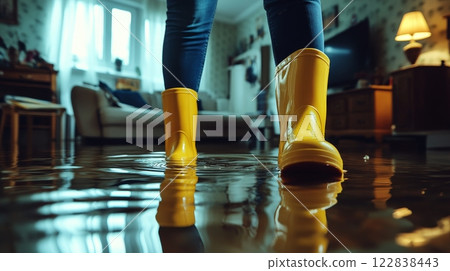 A person in yellow rain boots walks through a flooded living room, reflecting the water on the floor, with furniture and natural light in the background. 122838443