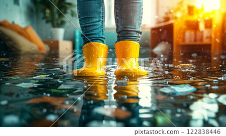 A person stands in yellow boots on a flooded floor, surrounded by water and debris, with sunlight streaming into the room. 122838446