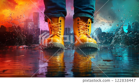 A vibrant image of yellow boots standing in a puddle, surrounded by a dramatic, colorful backdrop of urban chaos and reflections. 122838447