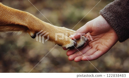 A tender moment captured as a person's hand gently touches the paw of a dog, symbolizing connection and companionship between humans and animals. A tender moment captured as a person's hand gently touches the paw of a dog, symbolizing connection and companionship between humans and animals. 122838483