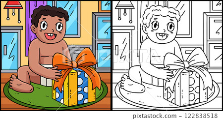 Baby Shower Baby with a Present Illustration 122838518