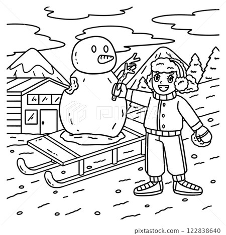 Sledding Girl Building a Snowman Coloring Page Sledding Girl Building a Snowman Coloring Page 122838640