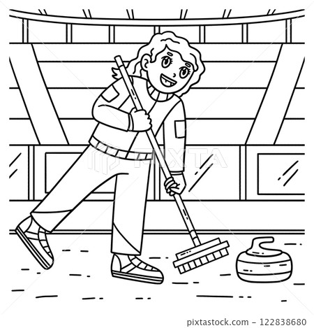Curling Female Curler Sweeping Coloring Page  122838680