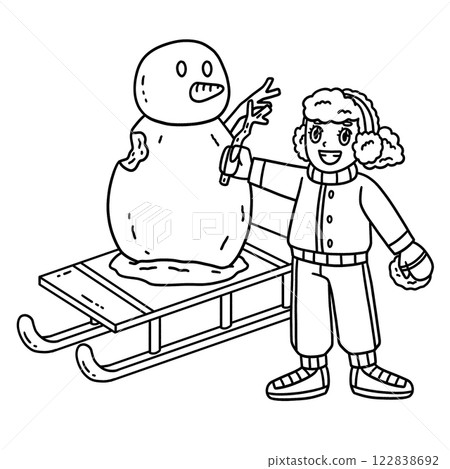 Sledding Girl Building a Snowman Isolated Coloring 122838692